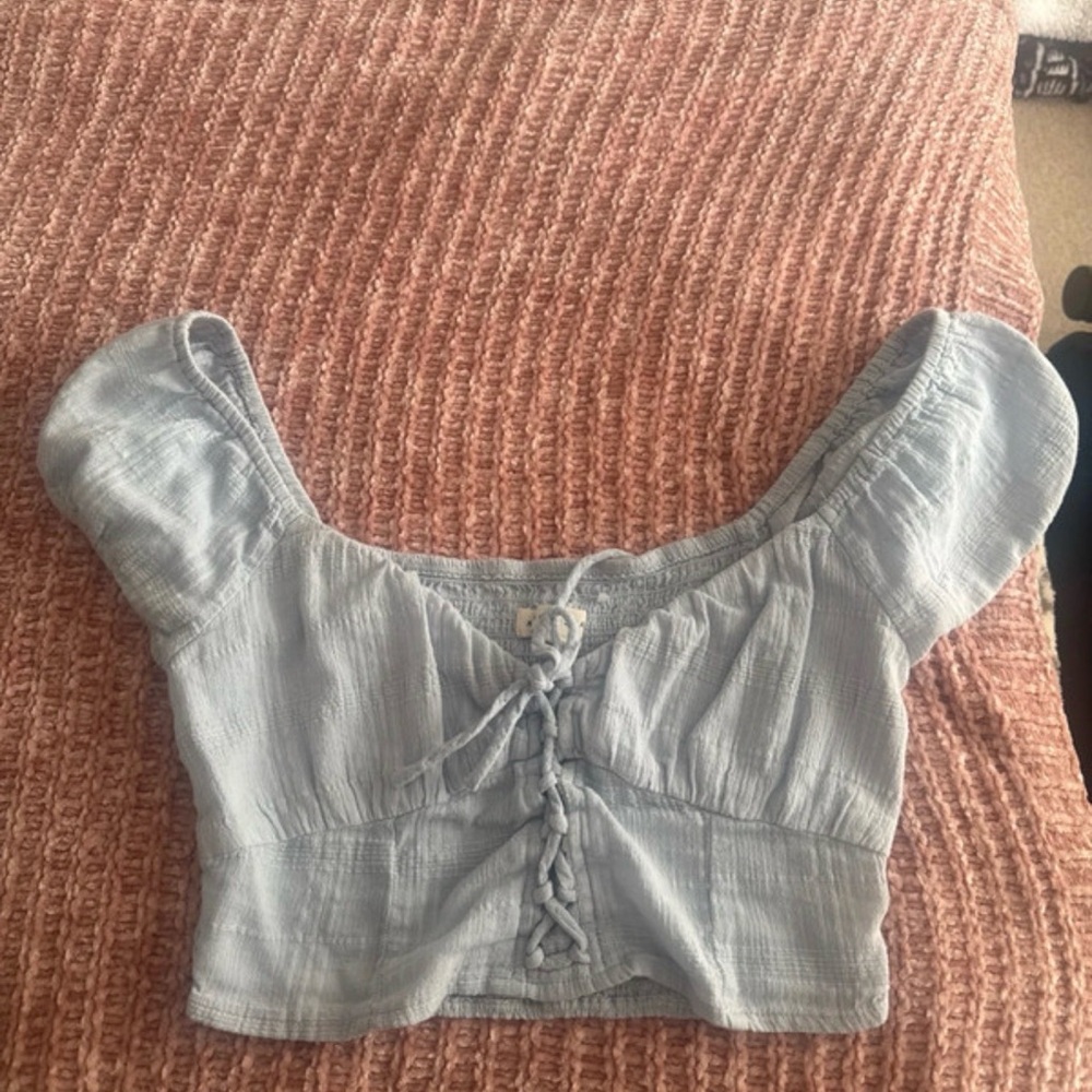 Aeropostale Light Blue Puff Sleeve Lace-Up Crop Top